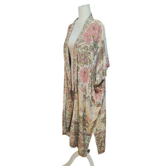 Anthropologie x Bl^nk Floral Kimono Duster Cream Pink‎ Green One Size Viscose - Picture 3 of 10